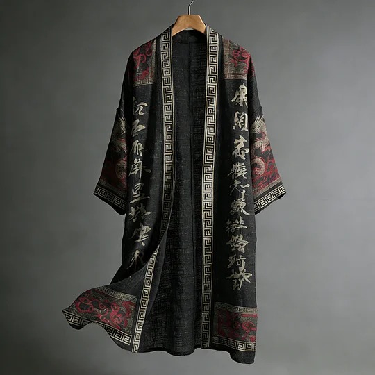 Men's Casual Dragon Pattern Calligraphy And Painting Art Linen Long Kimono