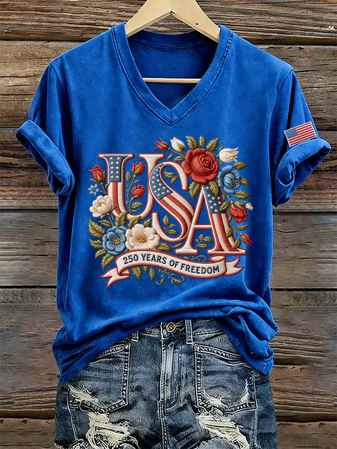 Women's 250 Years Of Freedom Print V Neck T-shirt