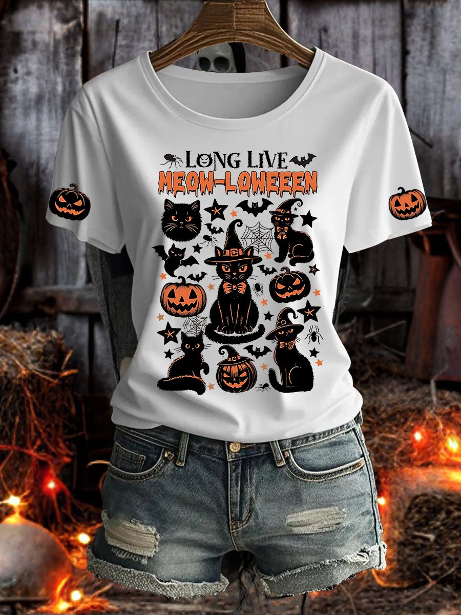 Women's Halloween Black Cat And Pumpkin Print Short Sleeve T-Shirt