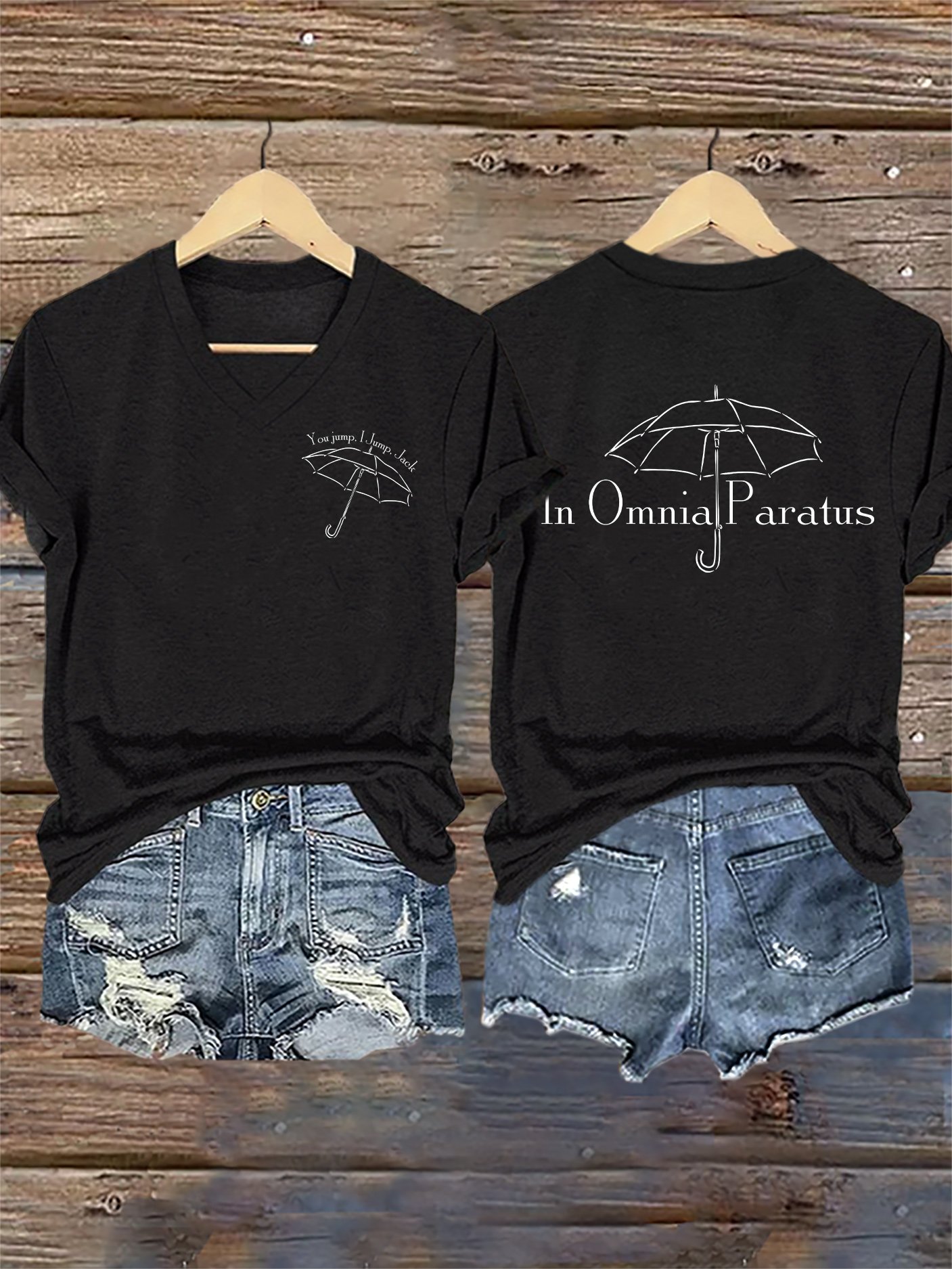 🔥HOT SALE🔥V-Neck Retro Fall You Jump, I Jump, Jack In Omnia Paratus Print T-Shirt
