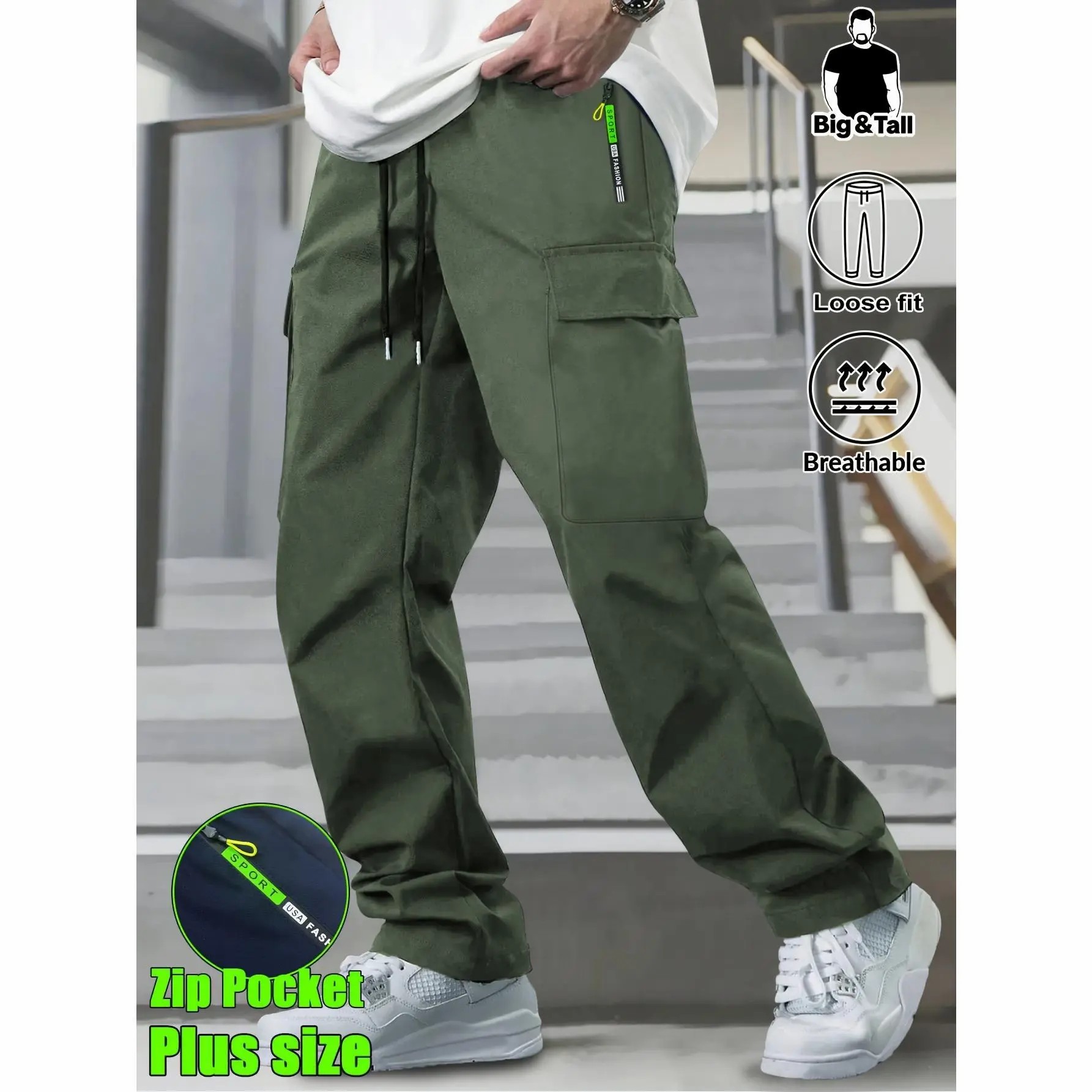 Men's Big & Tall Loose Cargo Pants – Elastic Drawstring Waist, Multi-Pocket, Breathable Streetwear Trousers