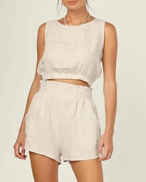 Women's 2pcs Summer Outfits Sleeveless Crop Tank Top and High Waist Pocketed Shorts Loose 2 Piece Short Sets