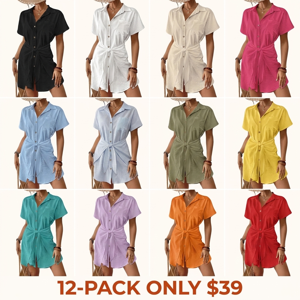 Women's Short-Sleeve Button-Front Tie-Waist Beach Shirt Dress