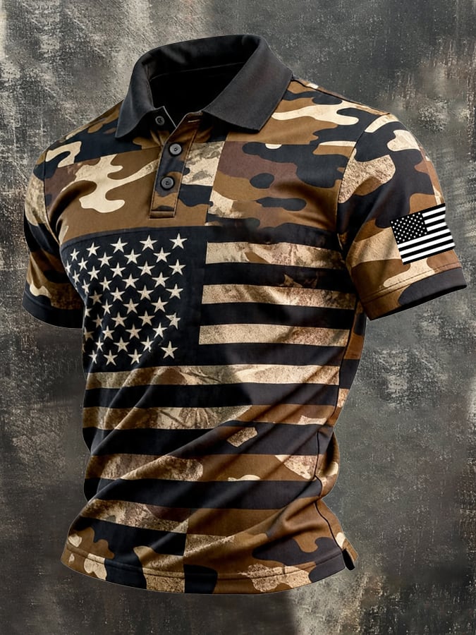 Men's Retro Patriotic Color-Block Short-Sleeve Polo Shirt