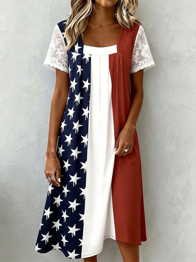 Women'S Casual American Flag Independence Day Celebration Print Dress