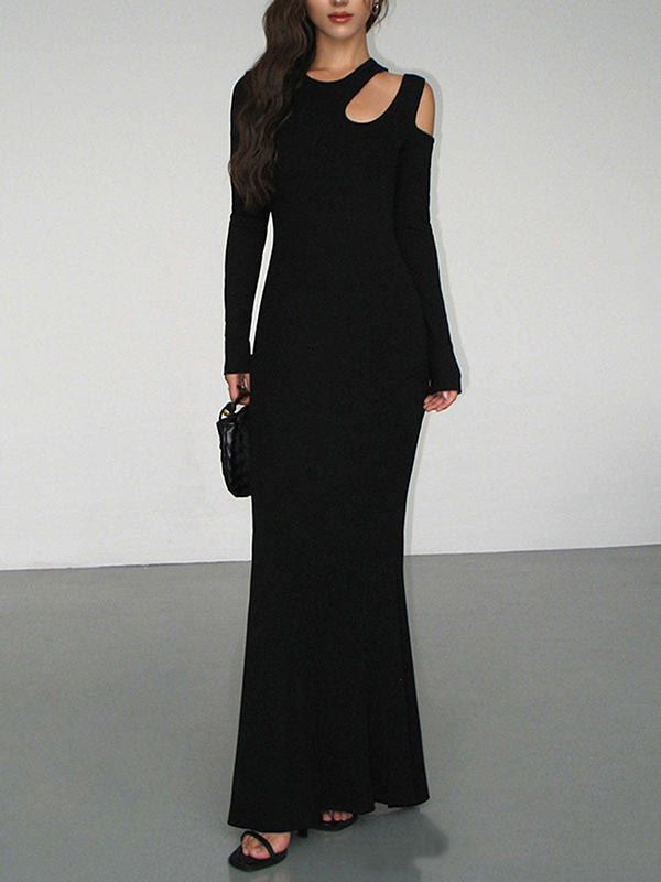 Hollow Solid Color Long Sleeves Skinny Cold Shoulder Maxi Dresses