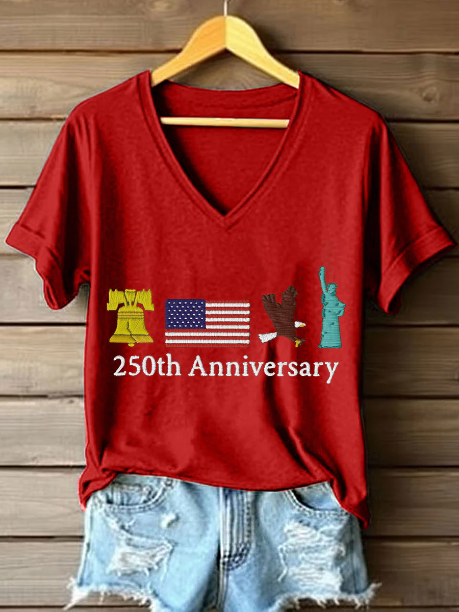 Women's 250th Anniversary Embroidery Pattern V-Neck T-Shirt