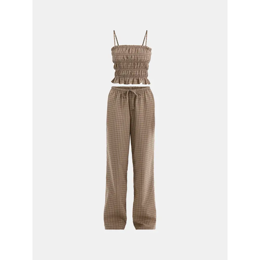 Plaid Seersucker Smocked Cami Top and Pants Set