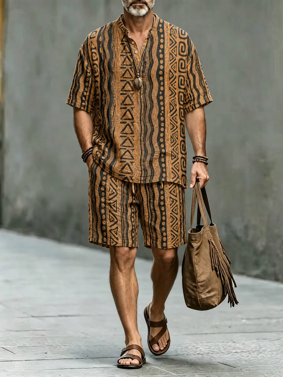 Men's Retro Ethnic-Style Geometric Art Print Casual Set