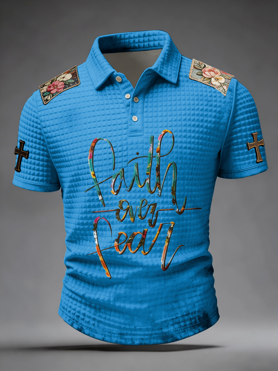 Faith Over Fear Floral Patch Waffle Knit Polo Shirt