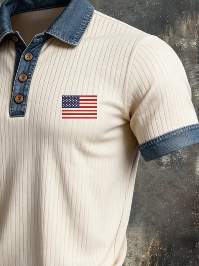 Men's Retro Patriotic Color-Block Short-Sleeve Polo Shirt