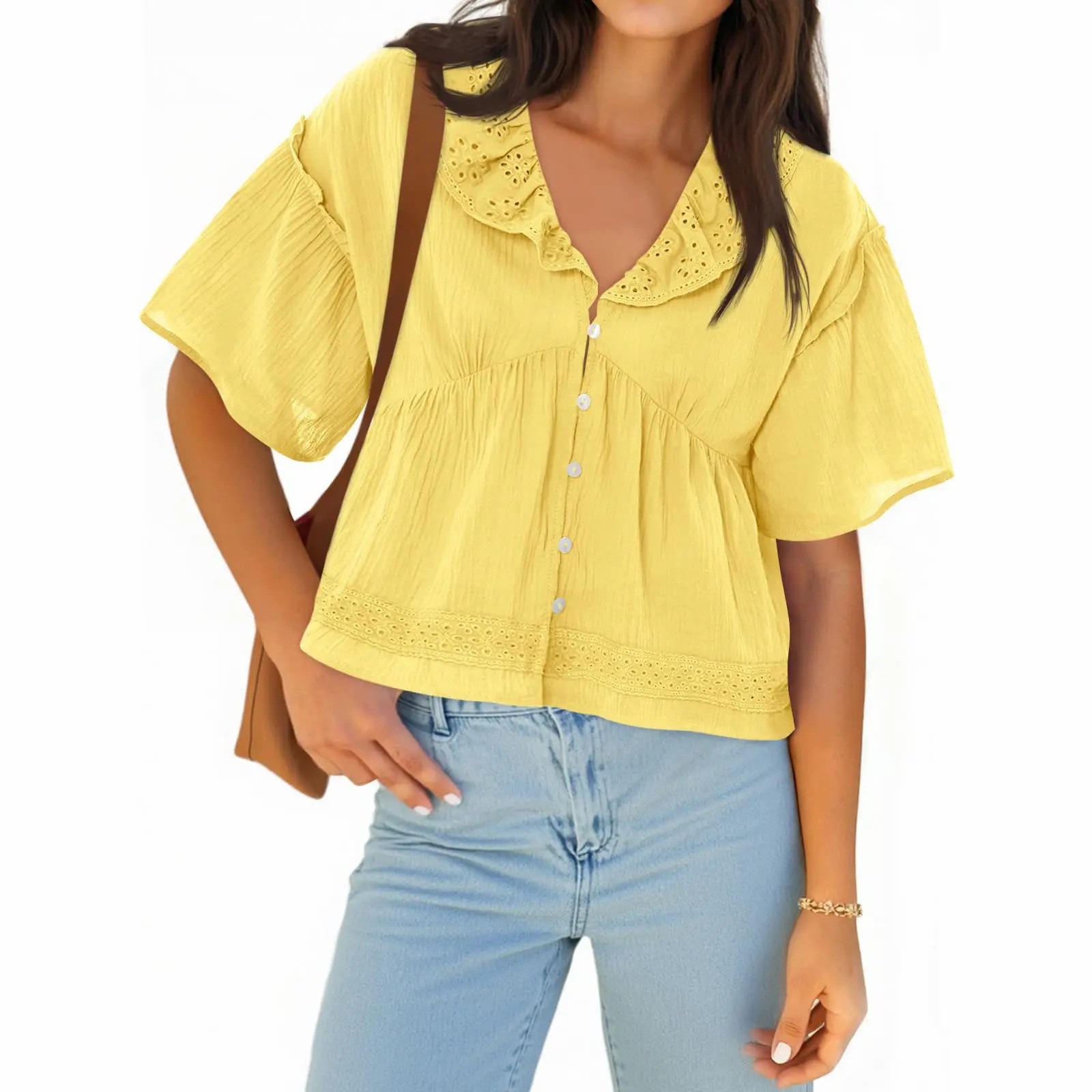 Women's Cropped Babydoll Top – V Neck Eyelet Blouse with Ruffle Sleeves & Button Front