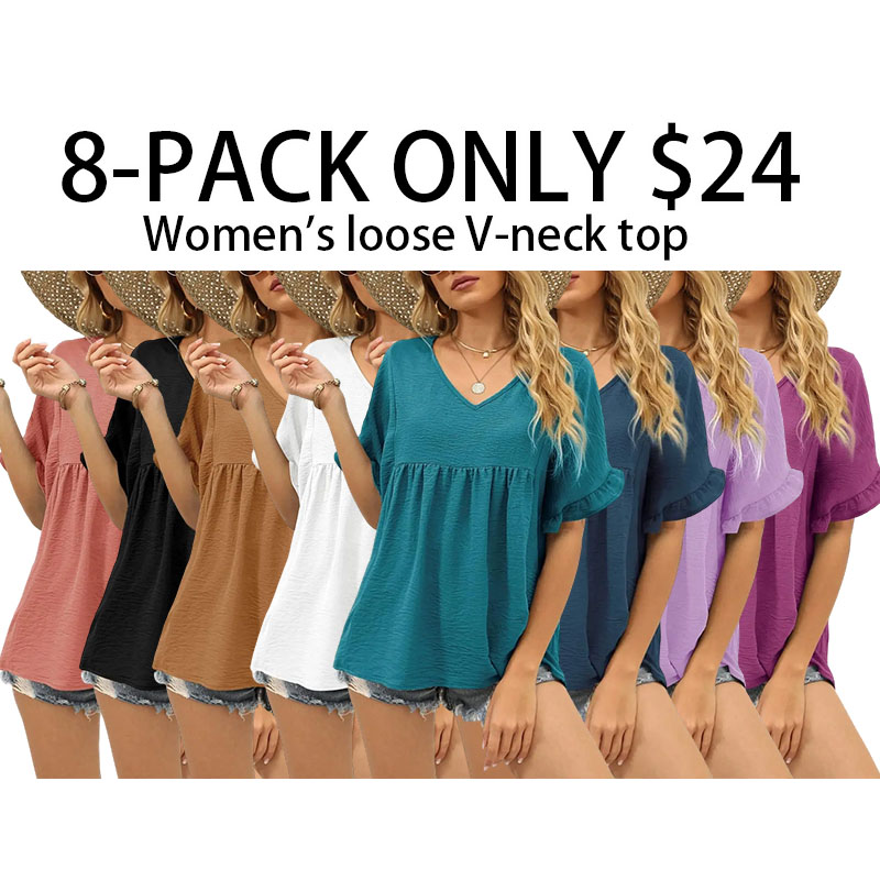 Womens Tops Casual V Neck Ruffle Sleeve T Shirts Babydoll Loose Fit Peplum Tops