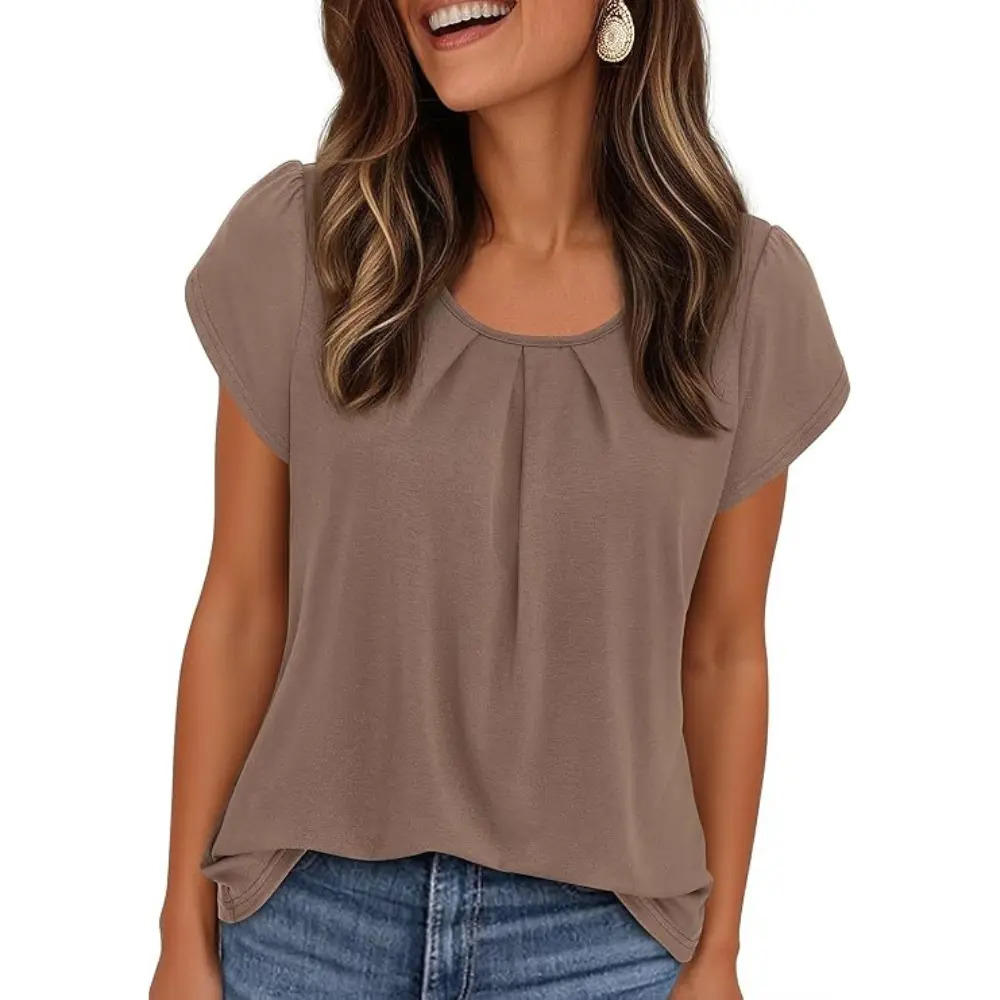 Women's Basic Crew Neck T-Shirt with Pleats