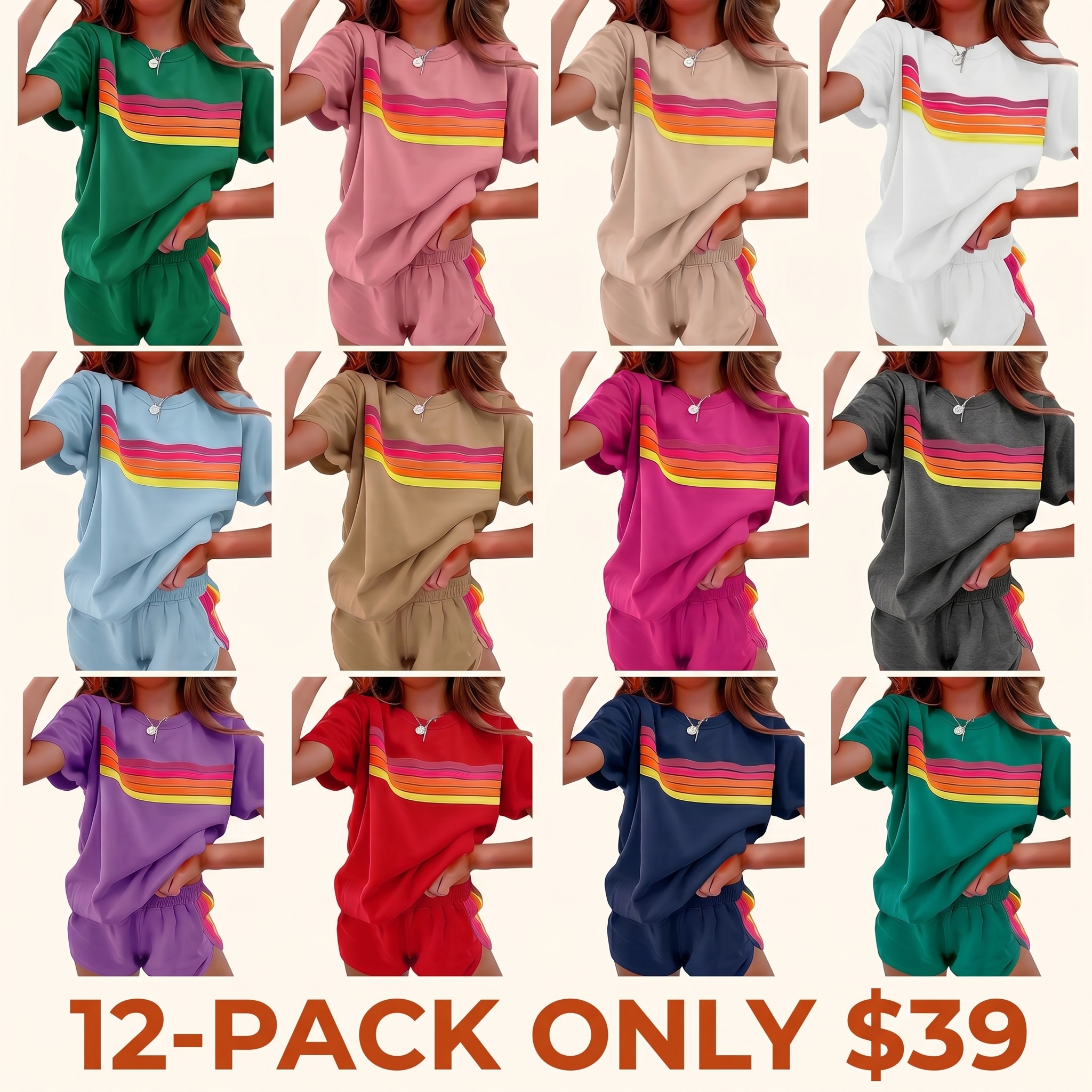 Women's Short Two-Piece Rainbow-Striped Outdoor Sports Set