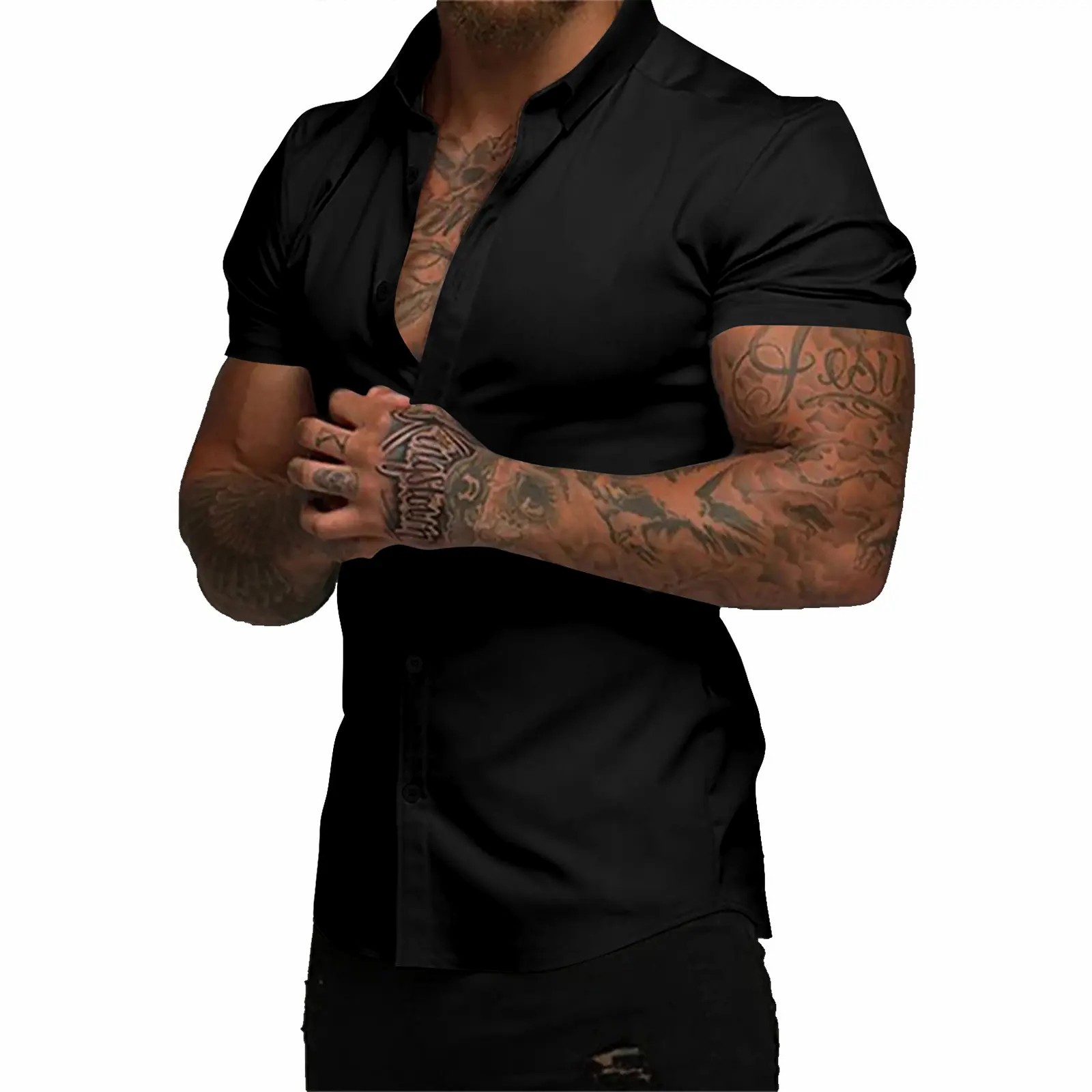 Men's Muscle Fit Short Sleeve Dress Shirt – 4-Way Stretch, Wrinkle-Free, Casual Button Down