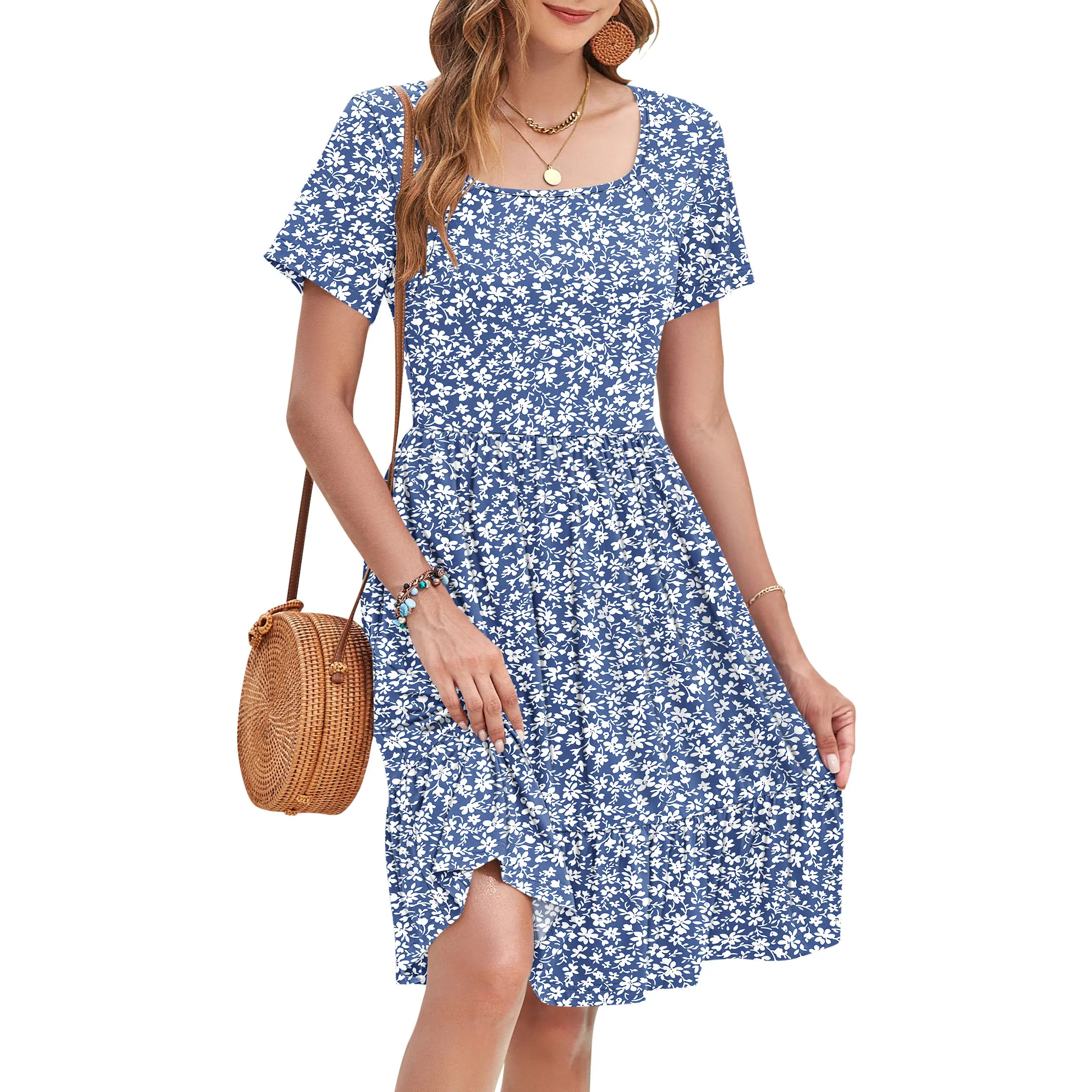 Women's Square-Neck Floral Short-Sleeve Dress (with Pockets)