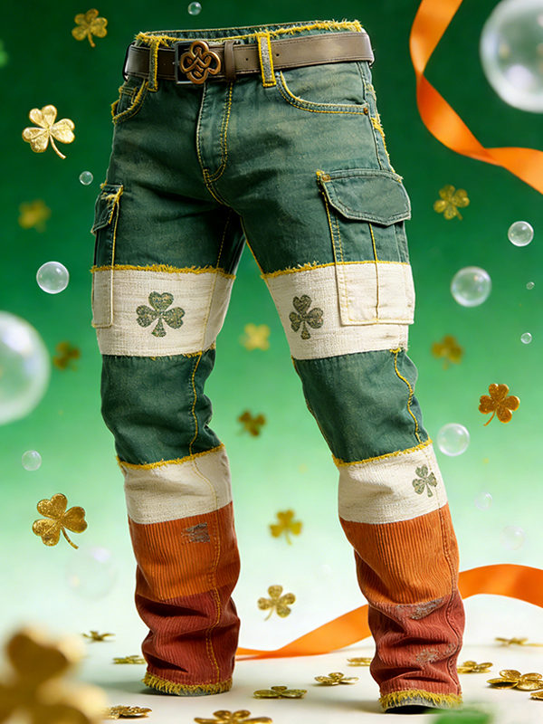 Men's St. Patrick's Day Shamrock Color Block Art Print Casual Pants