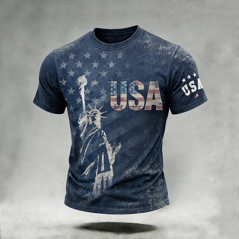 Men's Retro American Flag And Statue Of Liberty T-Shirt