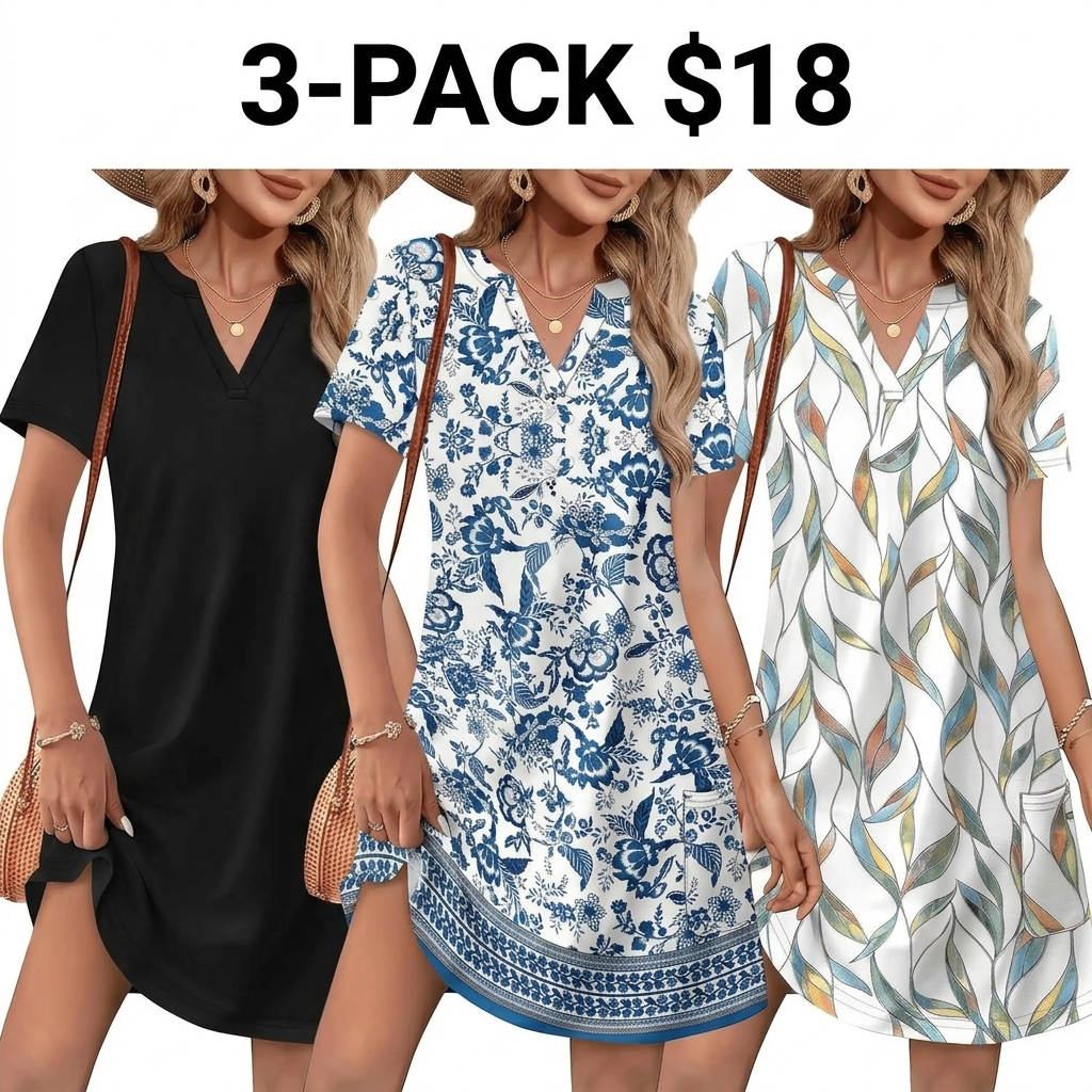 🔥 Women 2026 Casual Summer V Neck Dress Short Sleeve Fashion Beach Vacation Clothes