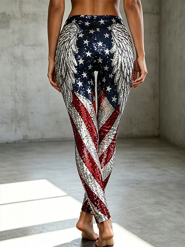 Women's Independence Day Stars and Striped Wings Print Casual Leggings