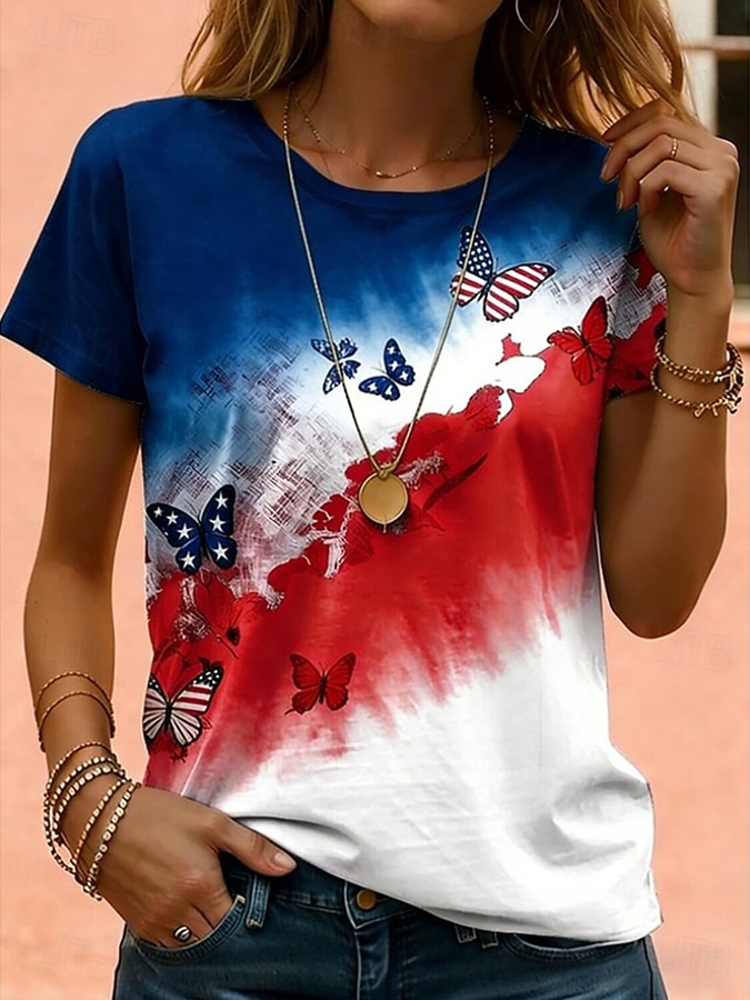 Ladies' Casual US National Day Celebration Butterfly Gradient Printed Round Neck T-Shirt
