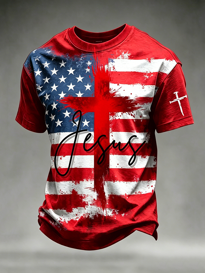 Men's Jesus USA Flag Cross Print Christian T-Shirt