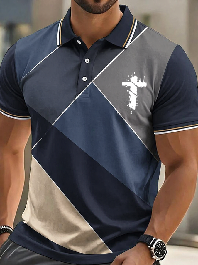 Men's Color Block Geometric Distressed Cross Print Polo Shirt
