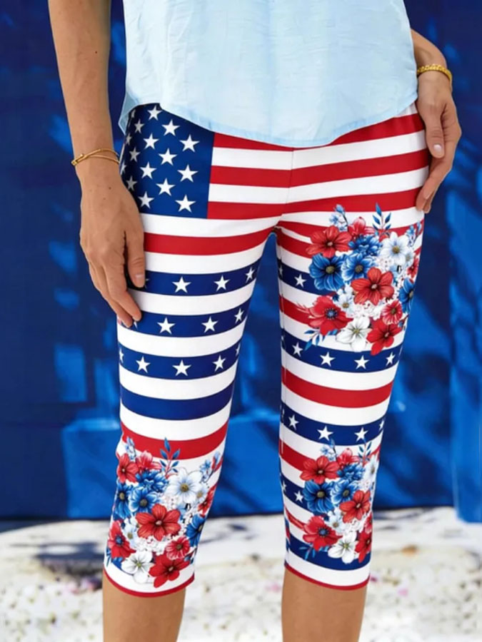 Women's American Flag Floral Print Casual Leggings