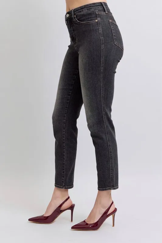 Blue Full Size Midi Rise Tummy Control Slim Jeans Plus Size