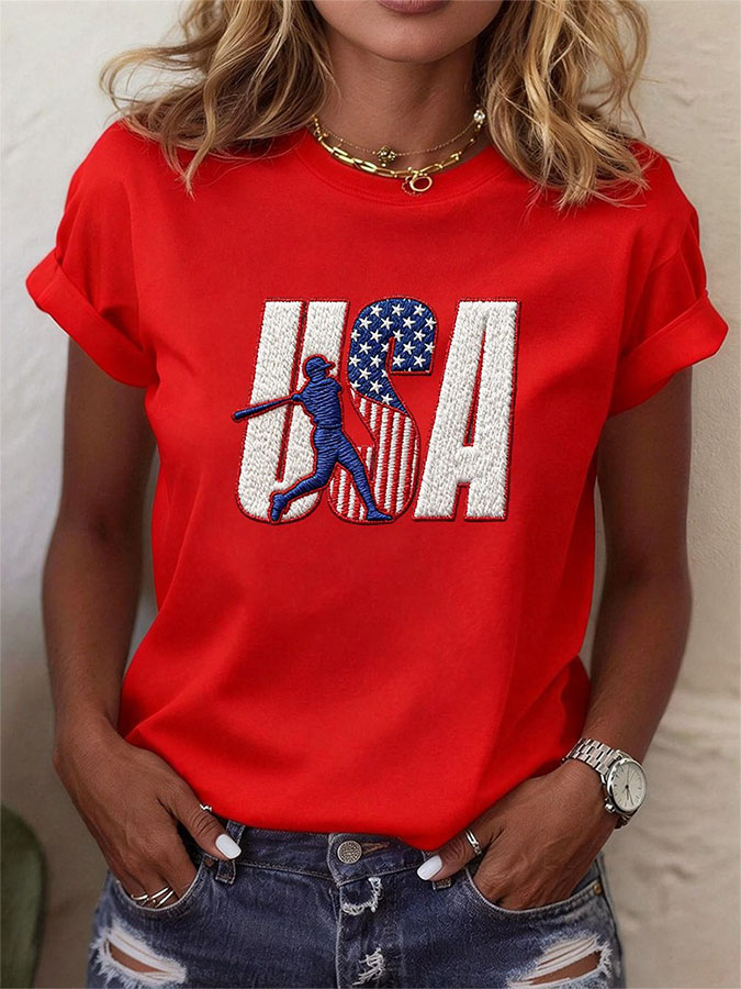 Women's Classic American Baseball Event Printed Round Neck Short Sleeve T-shirt