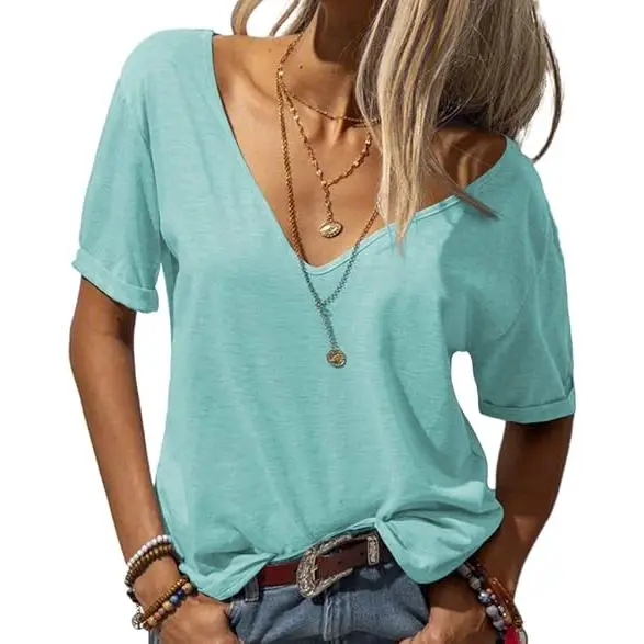 Women's Fashion Deep V-Neck Short Sleeve Tops Solid Casual Loose Basic T Shirt