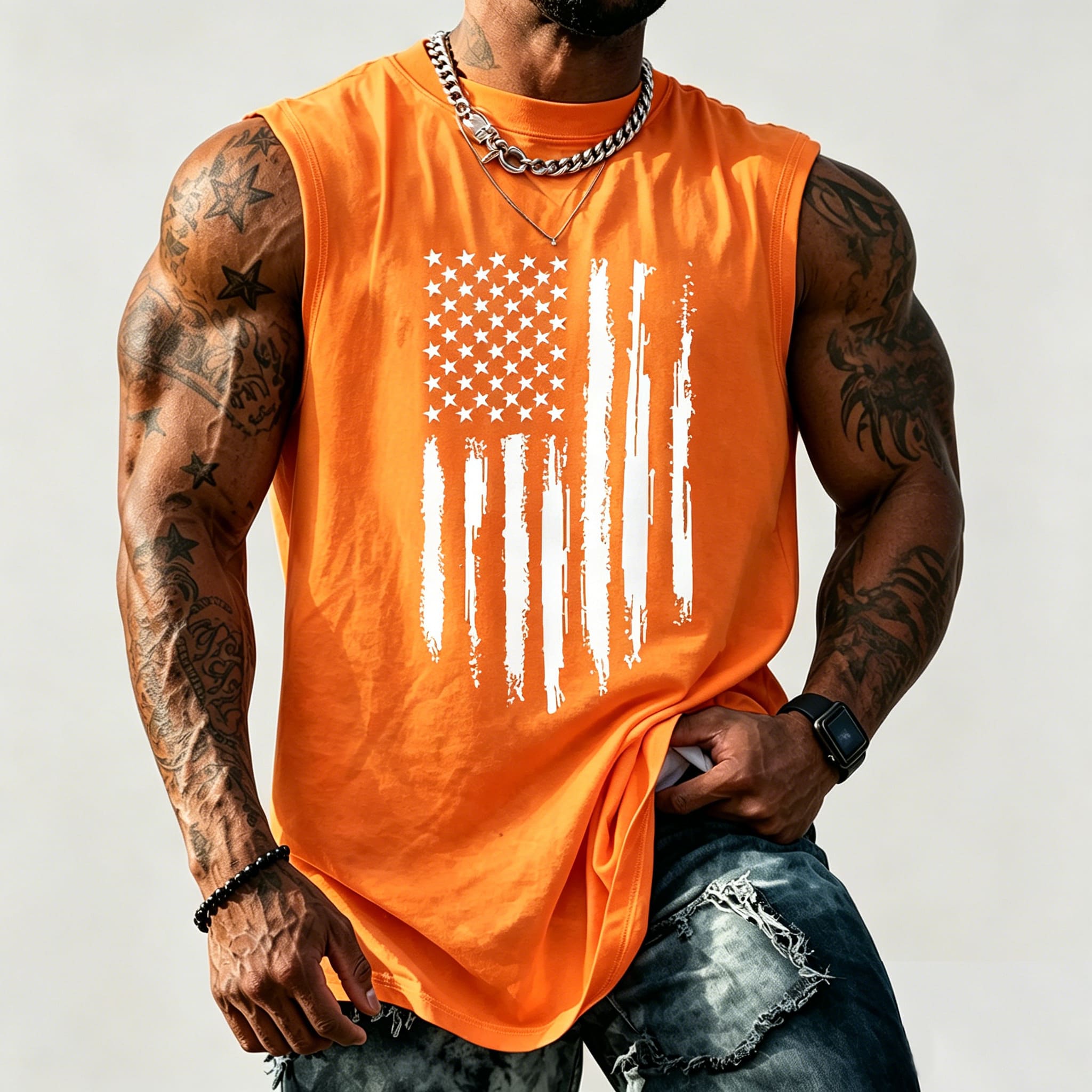 Men's American Flag Graphic Print Crew Neck Fitted Tank Top Vest