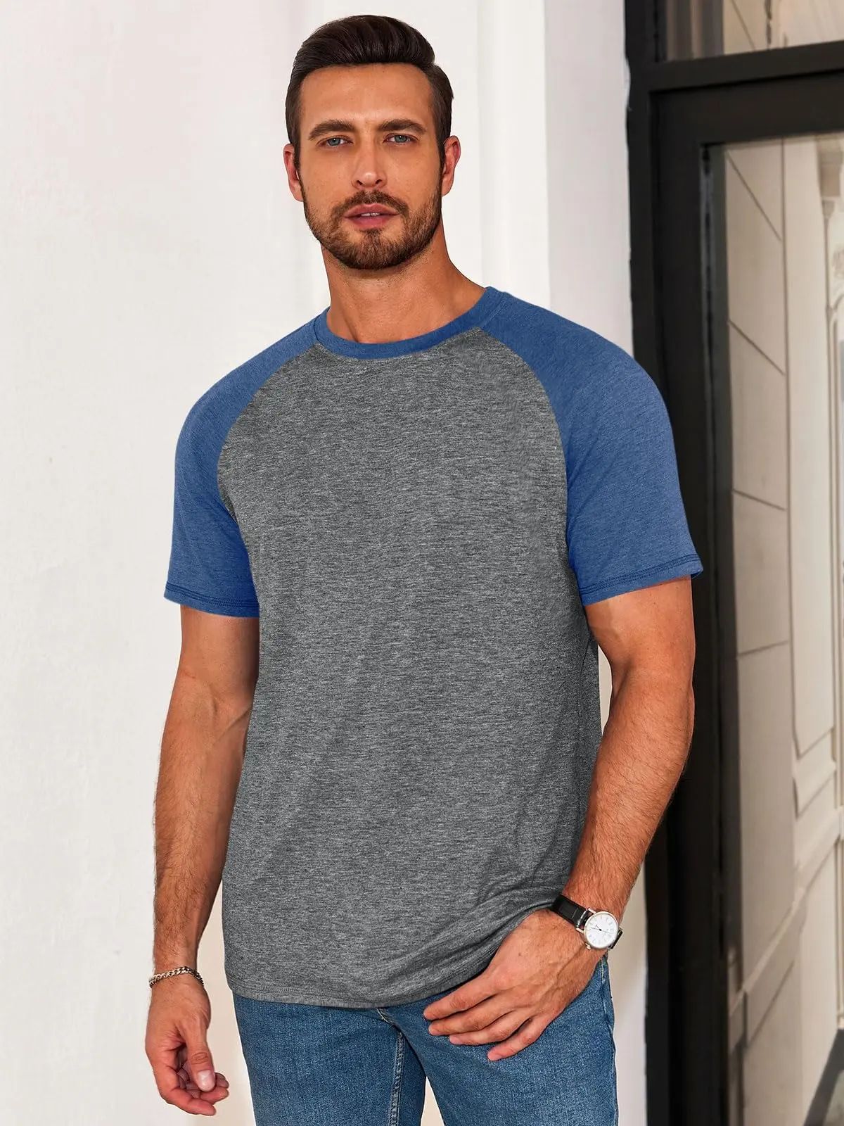 Mens Casual Slim Fit T Shirts Raglan Short Sleeve Crewneck Baseball Tees Color Block Workout Fashion Shirt