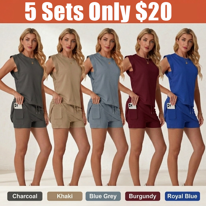 Women's Summer 2 Piece Skort Set Cap Sleeve Round Neck Top & Tennis Skirt with Pockets for Athletic & Casual