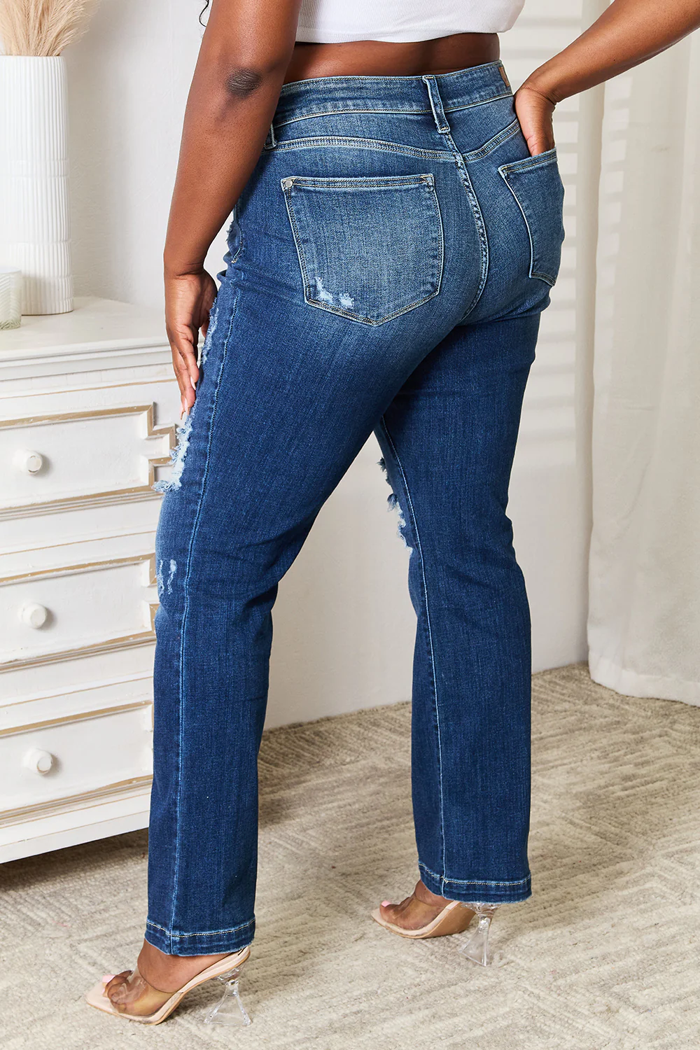 Blue Full Size Mid Rise Hand Sand & Destroy Bootcut Jeans