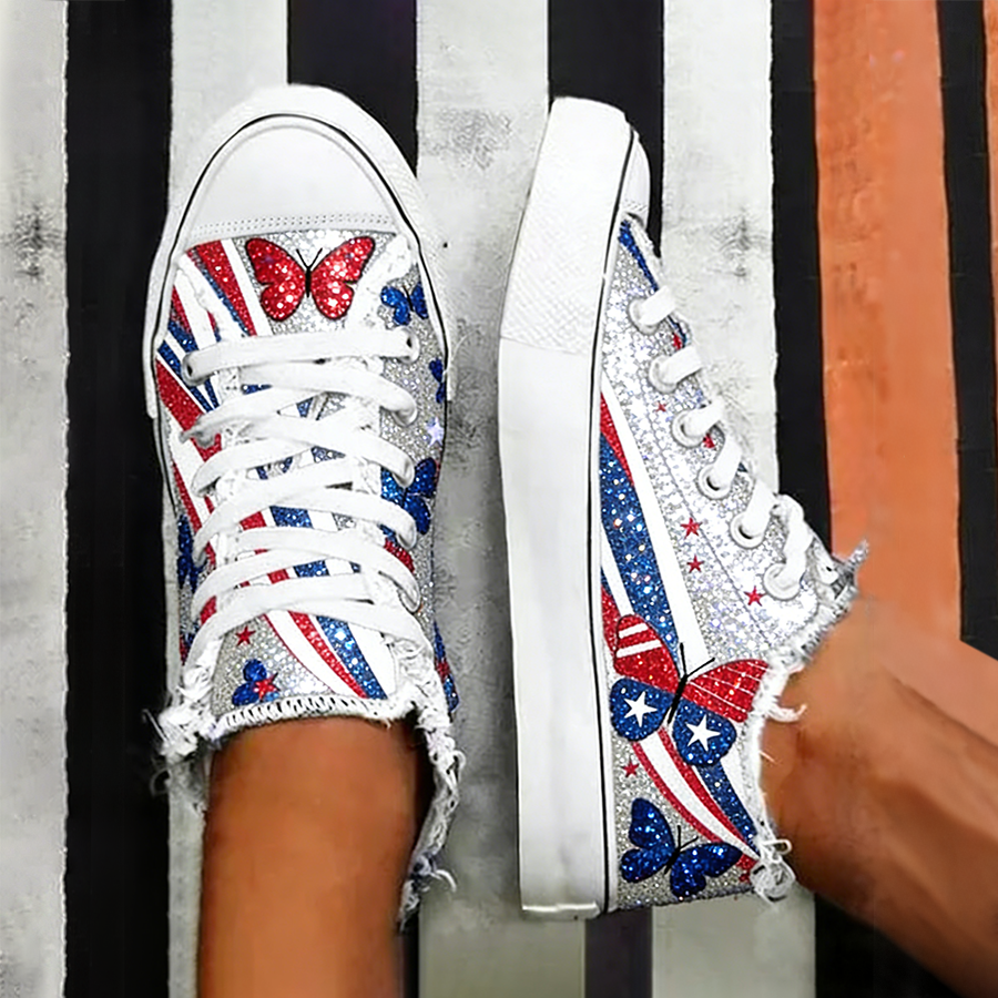 Women's Glitter USA Flag Butterfly Print High Top Canvas Sneakers