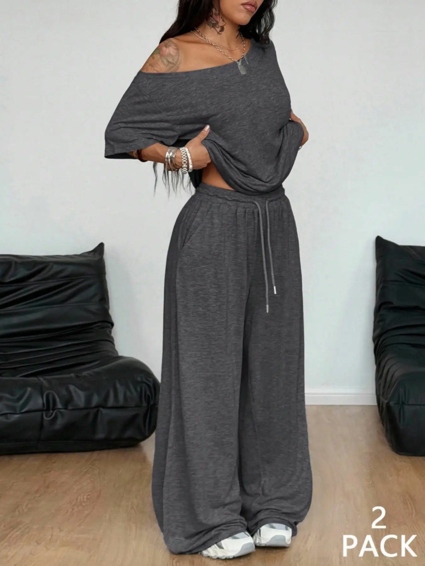 2pcs/Set Women's Minimalist Basic Daily Wear Going Out Sport Comfortable Off Shoulder T-Shirt And Wide Leg Pants Two Pieces Outfits