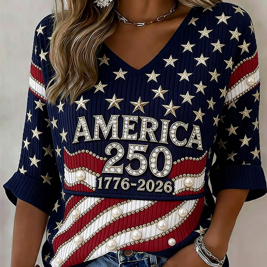 Women's American 250th Anniversary Three-Quarter Sleeve V-Neck Top