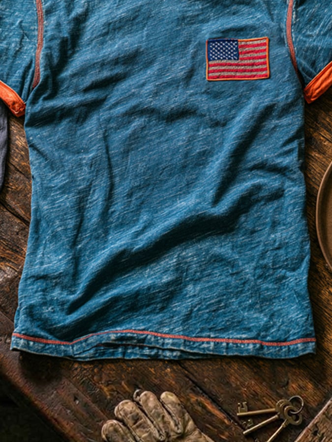 Men's Retro Patriotic Color-Block Crew Neck Short-Sleeve T-Shirt