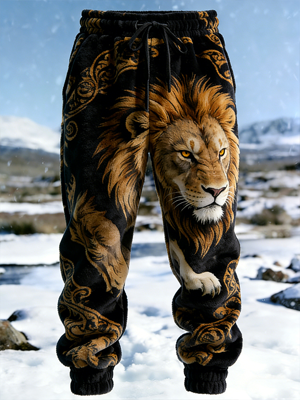 Men's Wild Lion Art Print Casual Flannel Pants
