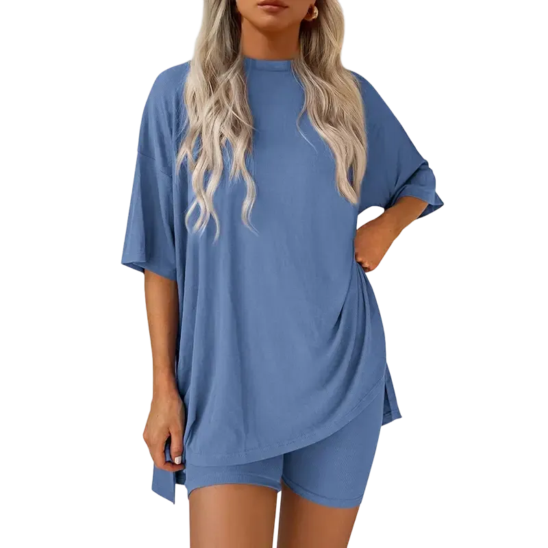 Women's Summer Two-Piece Set Casual Oversized Split Hem Shirts