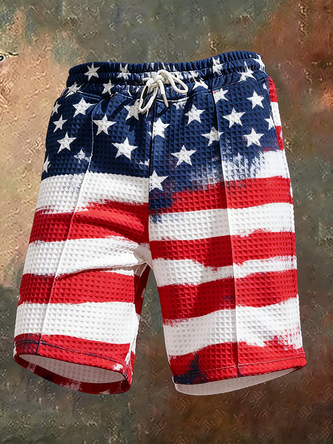 Men's Distressed American Flag Waffle Knit Drawstring Shorts