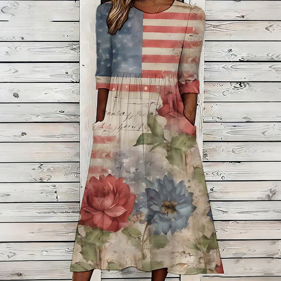 Women'S Retro Floral American Independence Day 250Th Anniversary Printed Casual Dress