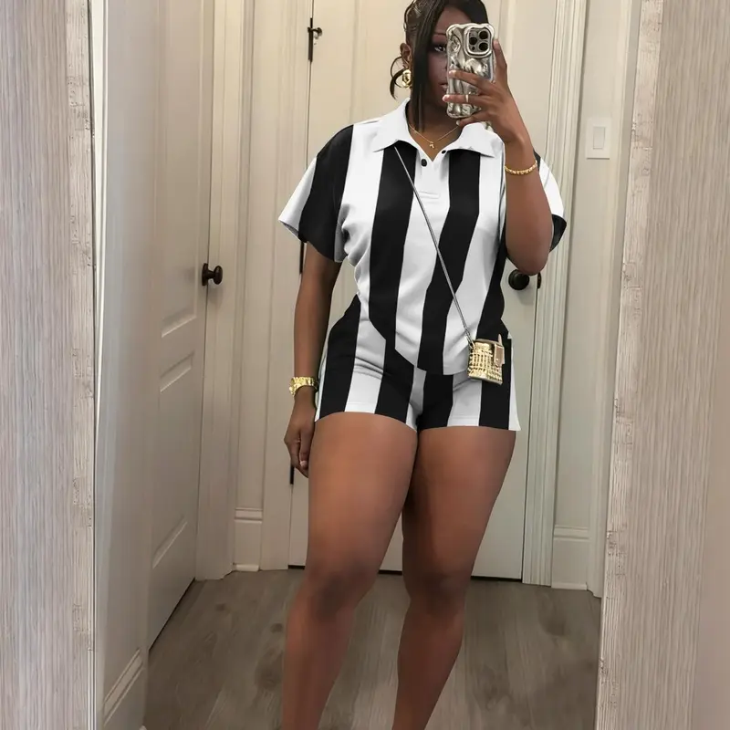 Women's 2026 Spring Two Piece Set Striped Short Sleeve Top & Drawstring Shorts Casual Outfit for Comfort