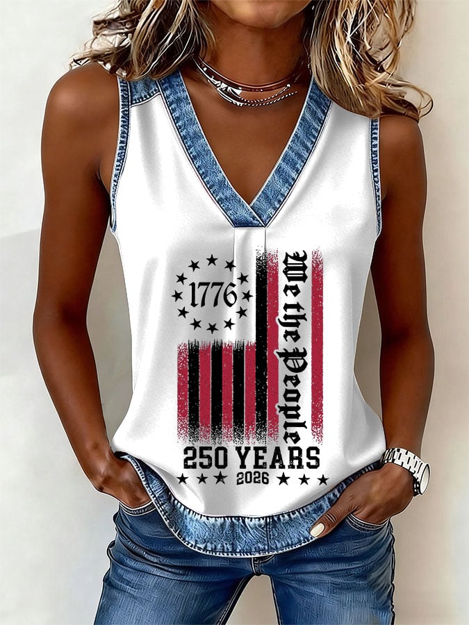 Women's Printed Denim Patchwork Print Top
