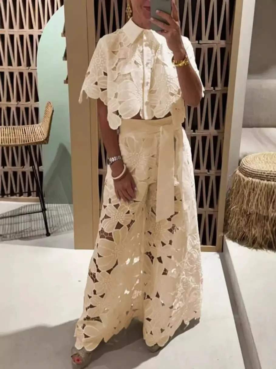 Women's 2026 New Retro Lace Outfit Set Short Sleeved Blouse Tops & Tie-up Pants Two-Piece Embroidery Hollow Temperament Suit for Casual & Special Occasions