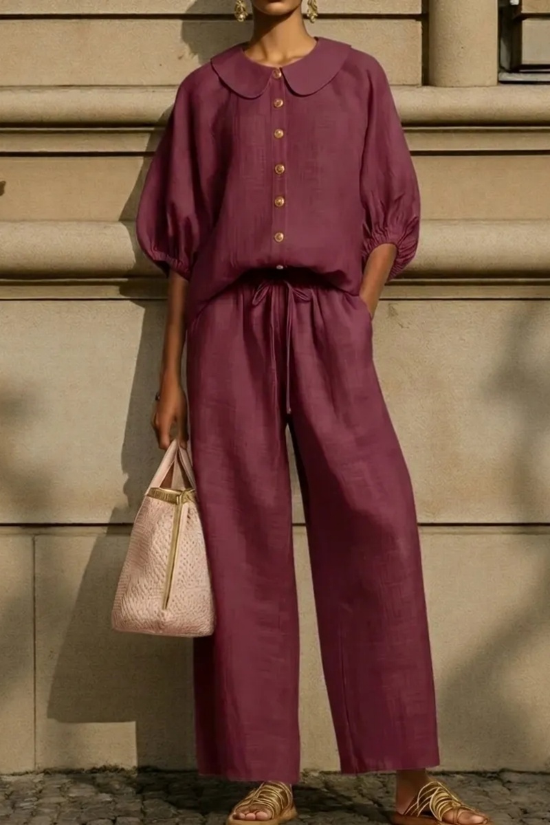 New Arrivals🔥Stylish Peter Pan Collar Shirt And Wide-leg Pant Linen Two-piece Set