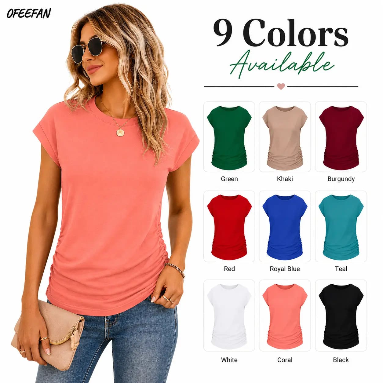 Womens Summer Tops Trendy 2026 Ruched Cap Short Sleeve Tshirts Shirts Crew Neck T Shirts Fashion