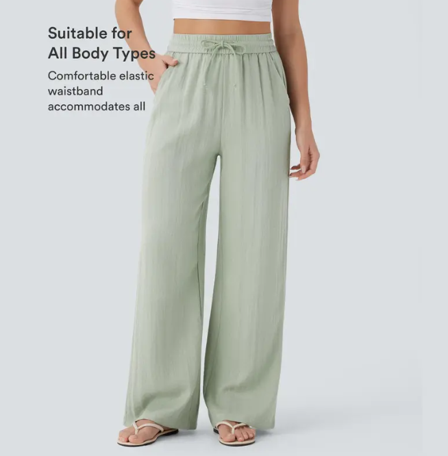 High Waisted Drawstring Pocket Wide Leg Baggy Casual Linen-Feel Pants